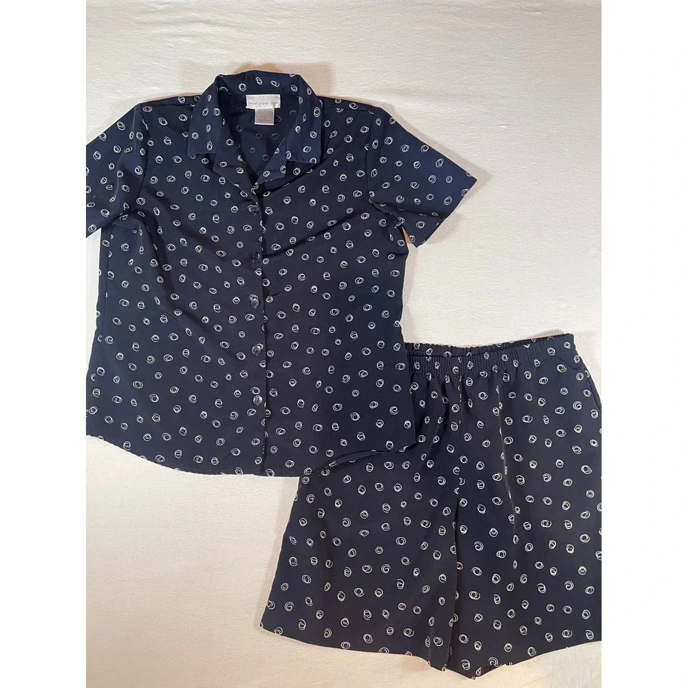 Susan Graver Style Navy Blue Swirl Print Shirt and Shorts Set Womens Medium
